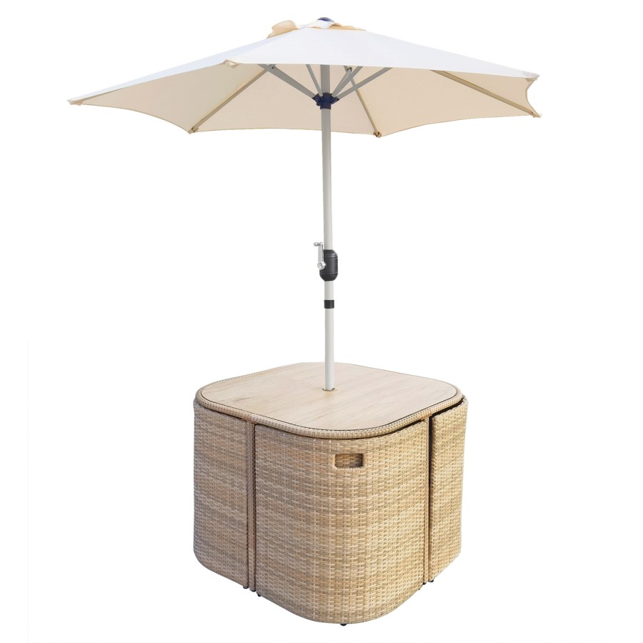 4 Seater Curved Beige Rattan Cube Dining Set with Parasol