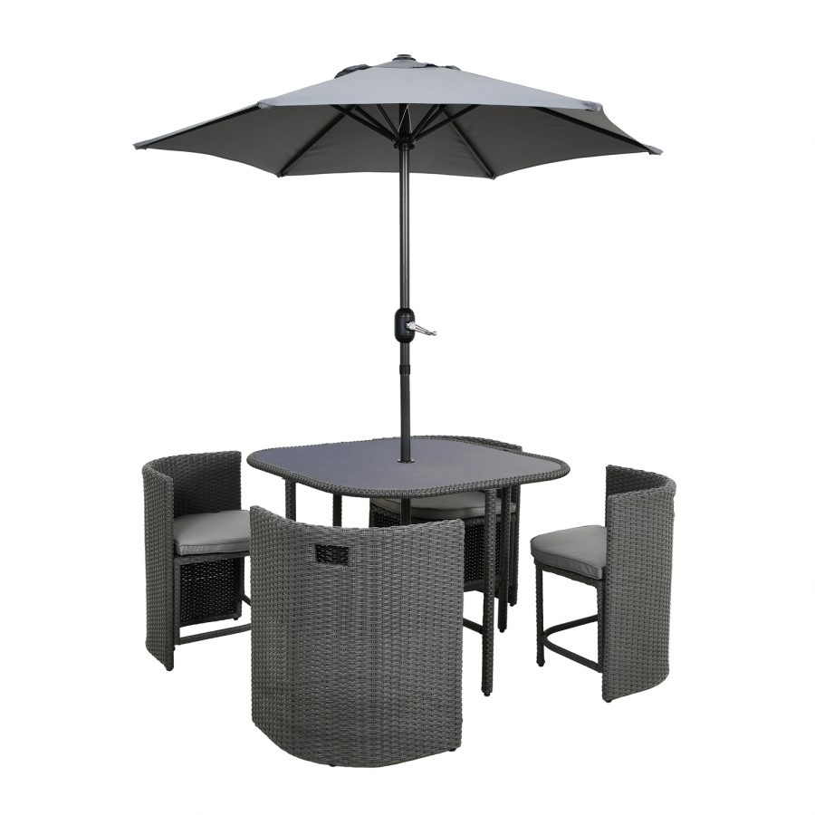 4 Seater Curved Grey Rattan Cube Garden Dining Set with Parasol