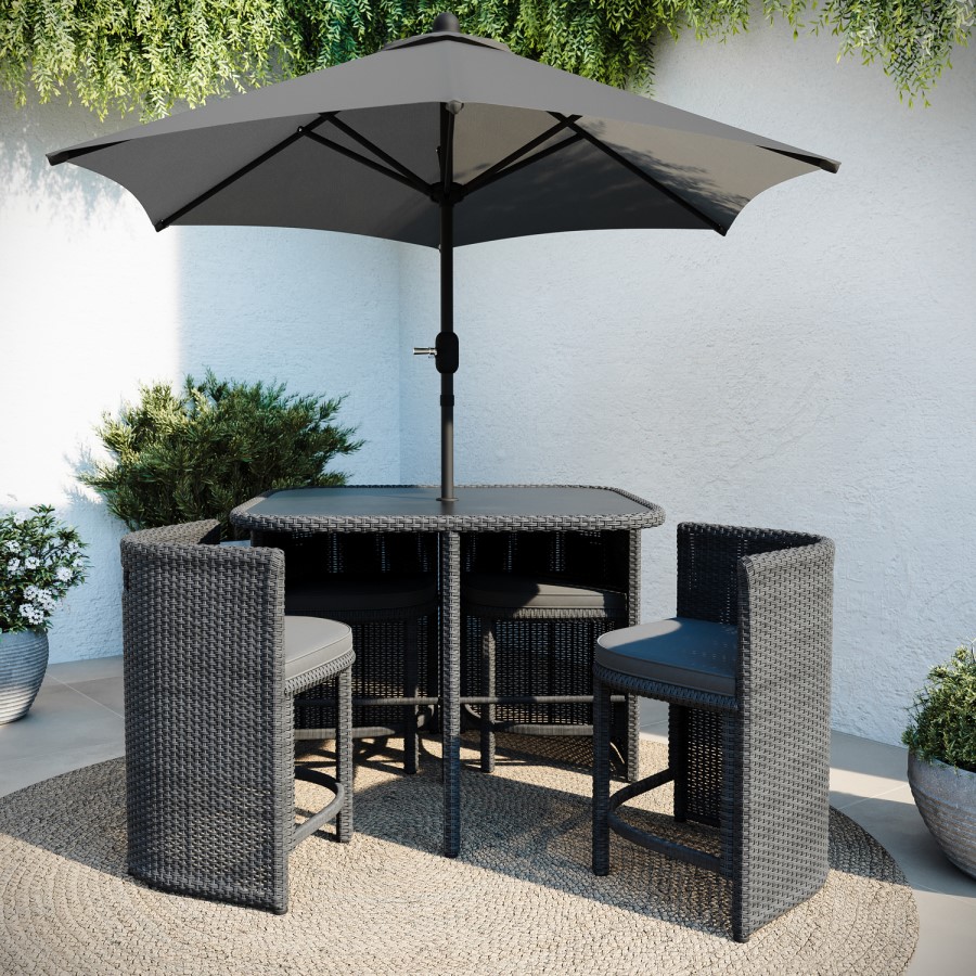 4 Seater Curved Grey Rattan Cube Garden Dining Set with Parasol