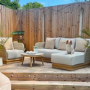 4 Seater Beige Wood Effect Rattan Garden Chaise Sofa Set with Round Coffee Table
