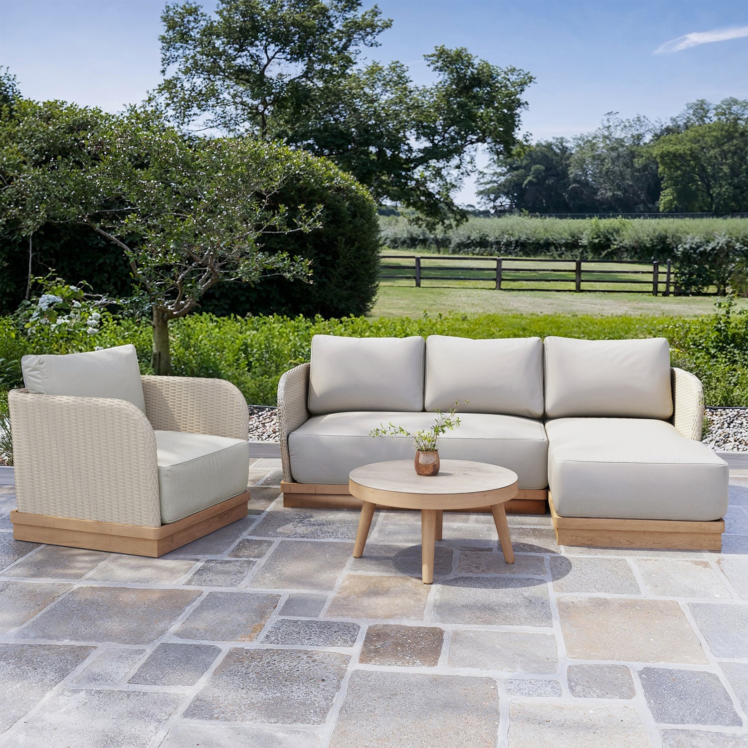 4 Seater Wood Effect Rattan Sofa Set Round Coffee Table