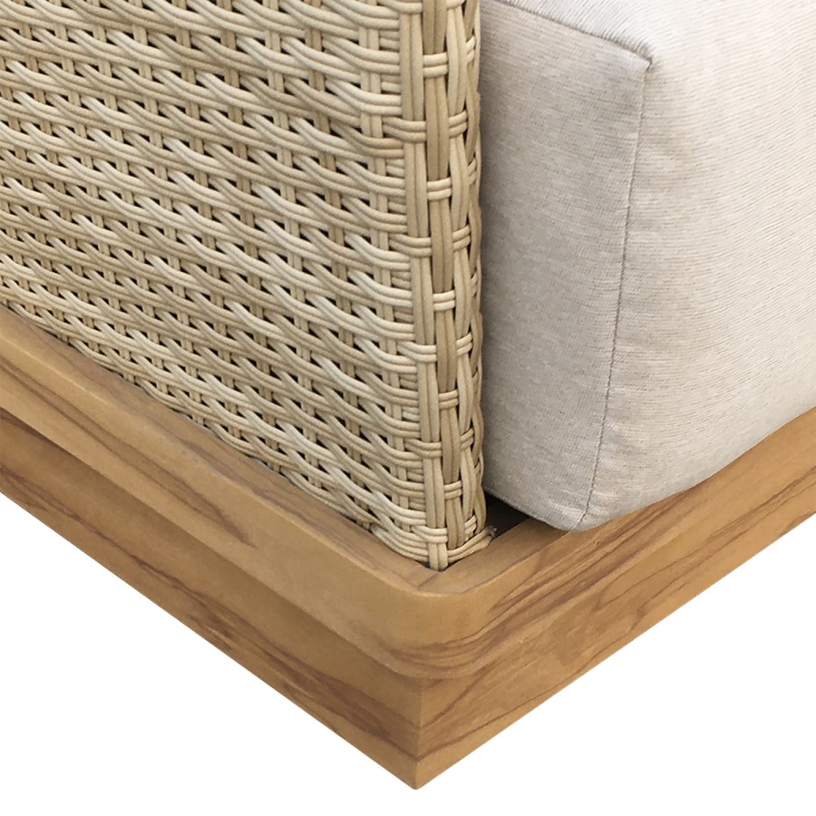 4 Seater Beige Wood Effect Rattan Garden Chaise Sofa Set with Round Coffee Table