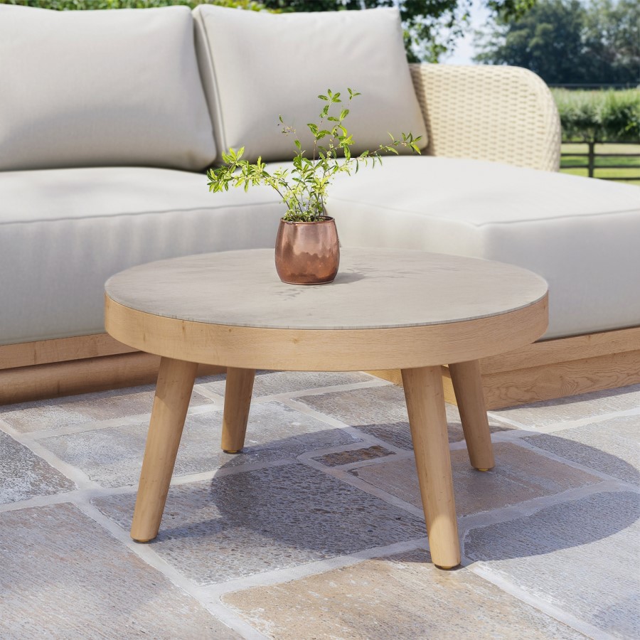 4 Seater Beige Wood Effect Rattan Garden Chaise Sofa Set with Round Coffee Table