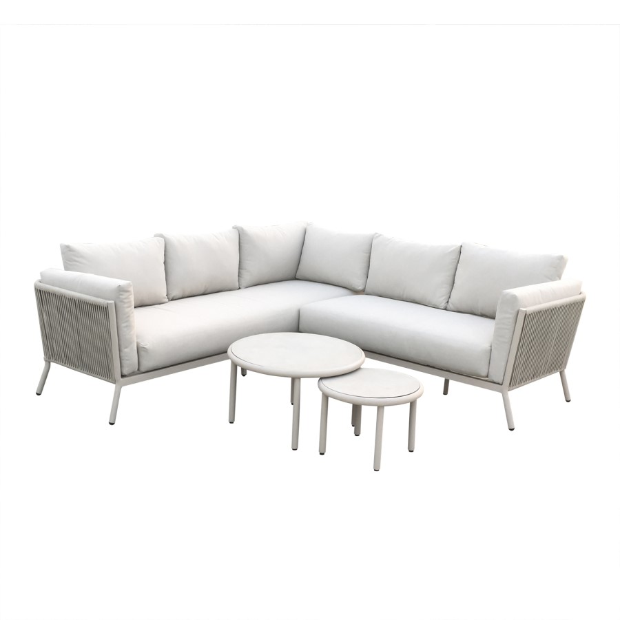 5 Seater Beige Rope Garden Corner Sofa Set with Nesting Tables