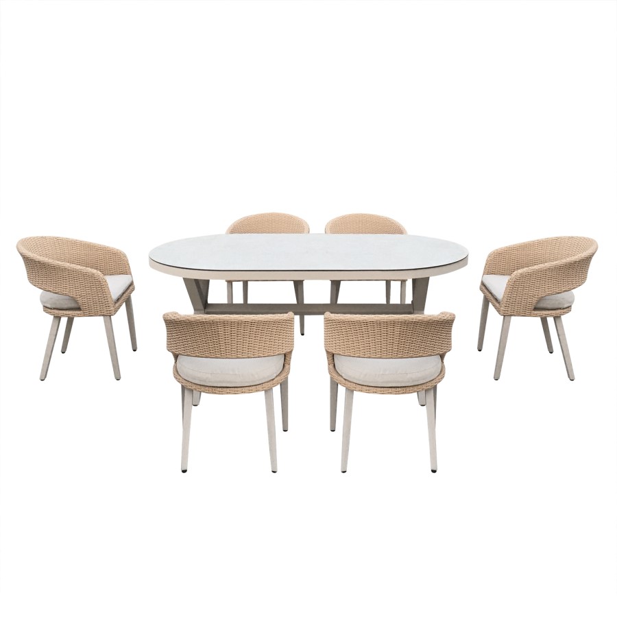 6 Seater Grey Garden Dining Set with Oval Table and Rattan Chairs