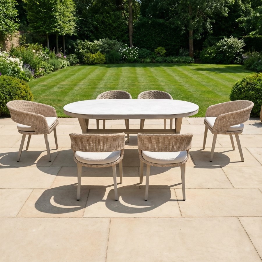 6 Seater Grey Garden Dining Set with Oval Table and Rattan Chairs