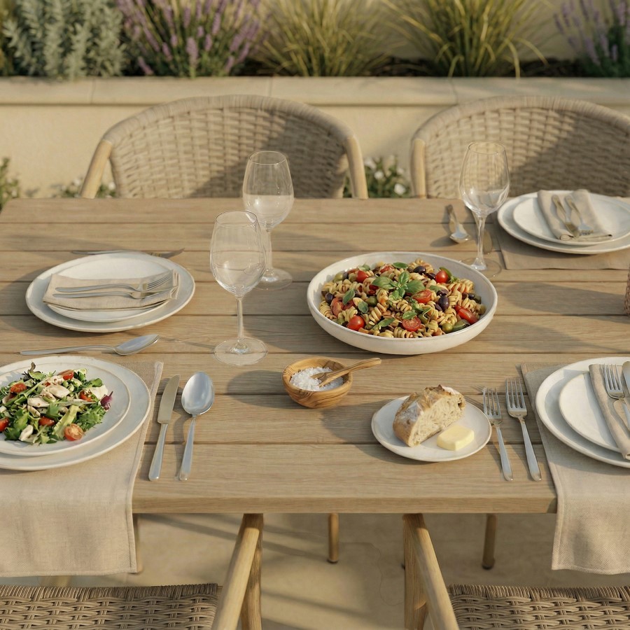 6 Seater Outdoor Dining Set with Rattan Chairs & Heat Transfer Wooden Effect