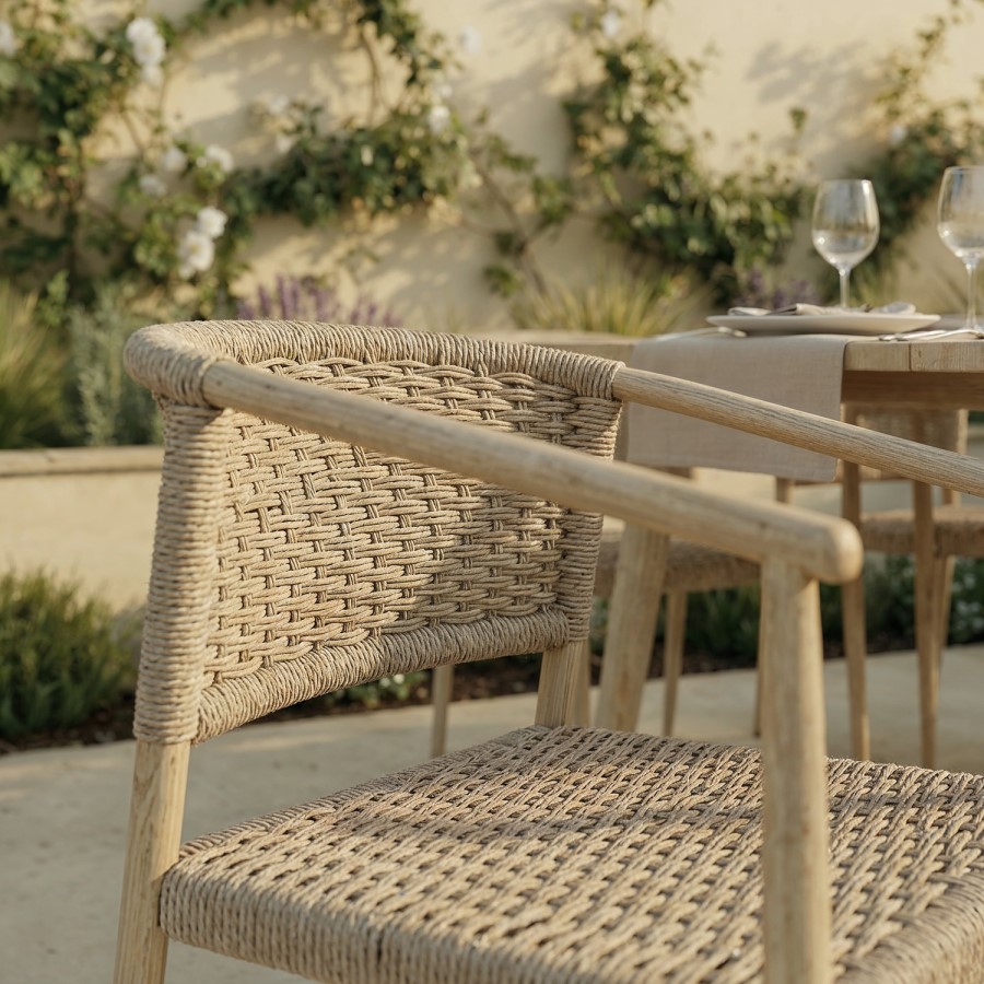 6 Seater Outdoor Dining Set with Rattan Chairs & Heat Transfer Wooden Effect