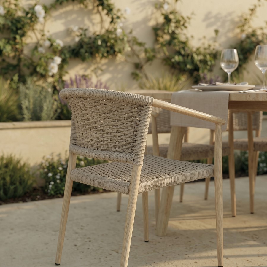 6 Seater Outdoor Dining Set with Rattan Chairs & Heat Transfer Wooden Effect