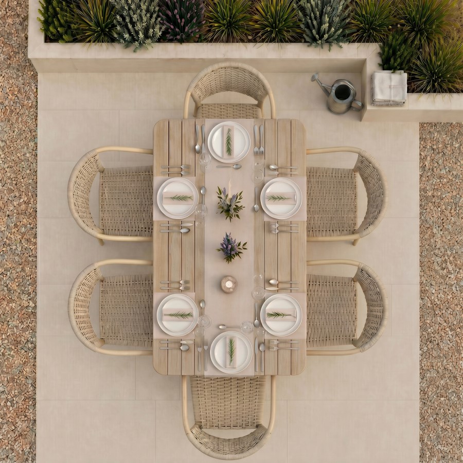 6 Seater Outdoor Dining Set with Rattan Chairs & Heat Transfer Wooden Effect