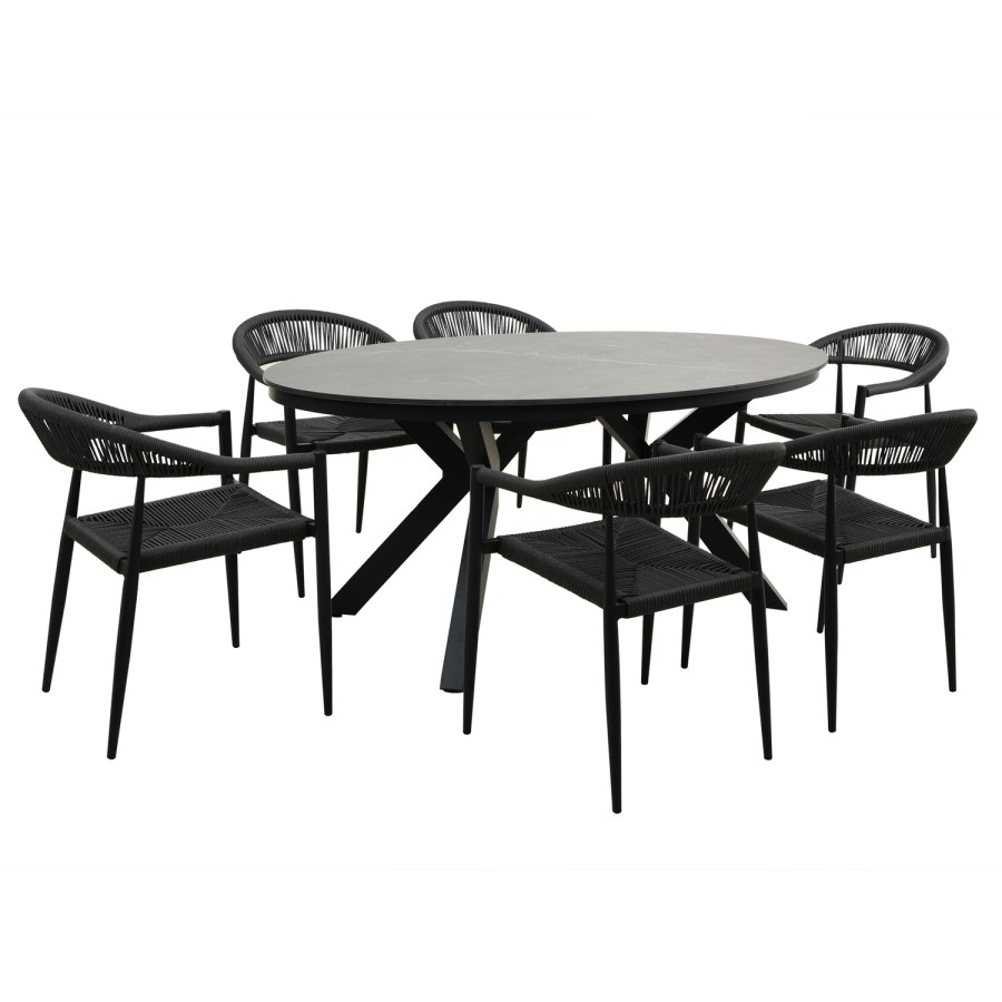 6 Seater Black Garden Wicker Dining Set with Sintered Stone Oval Table 