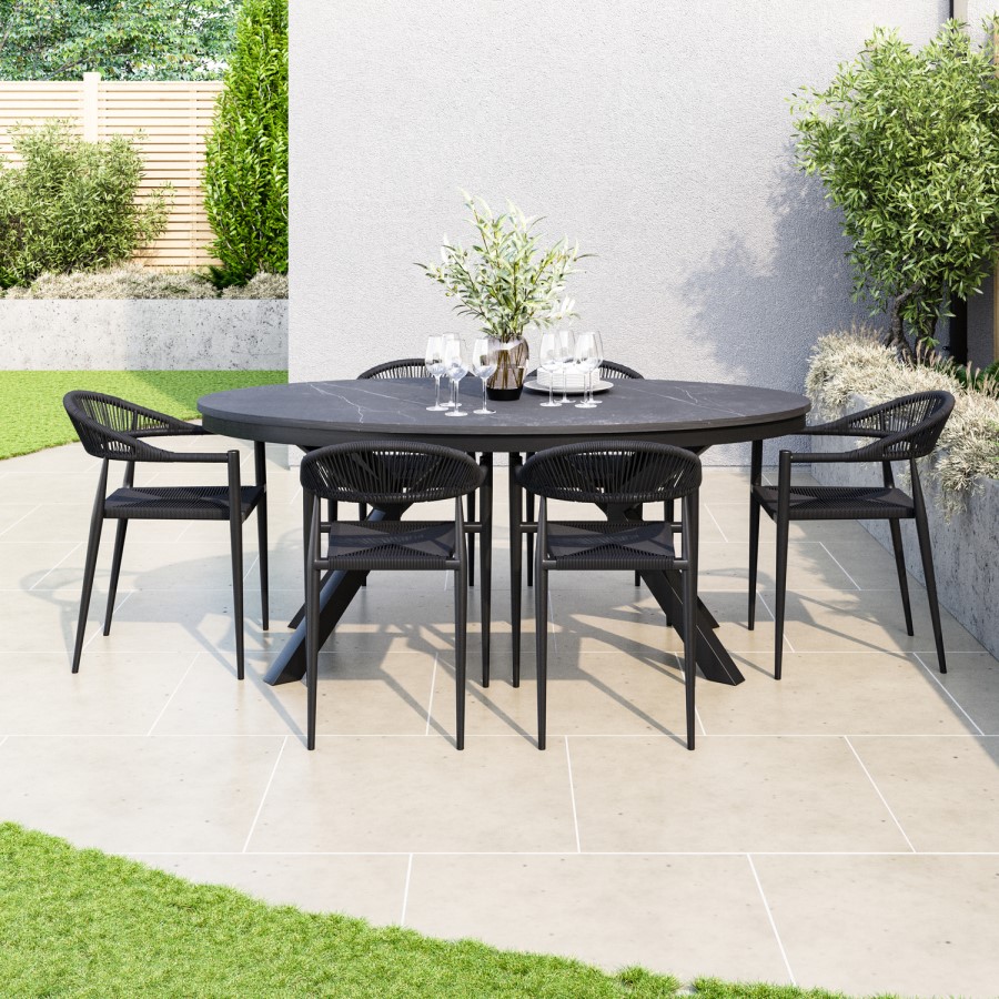 6 Seater Black Garden Wicker Dining Set with Sintered Stone Oval Table 