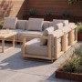 6 Seater Beige Aluminium Wood Effect Garden Sofa with Matching Coffee Table