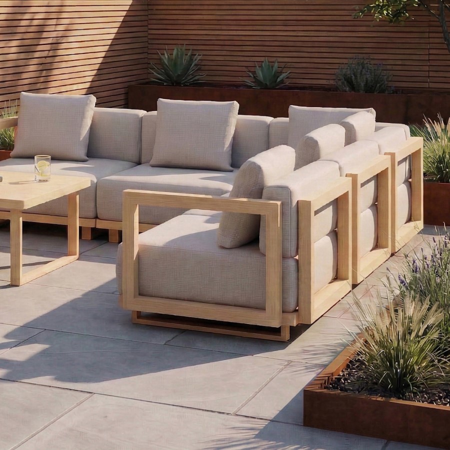 6 Seater Beige Aluminium Wood Effect Garden Sofa with Matching Coffee Table