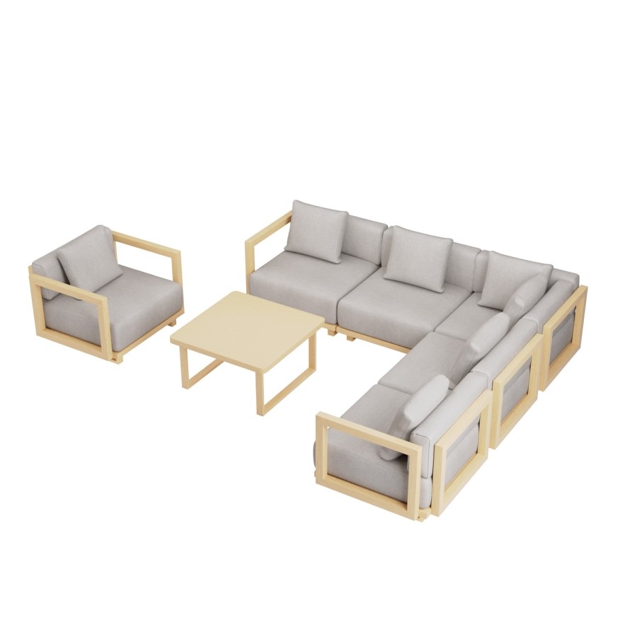 6 Seater Beige Aluminium Wood Effect Garden Sofa with Matching Coffee Table