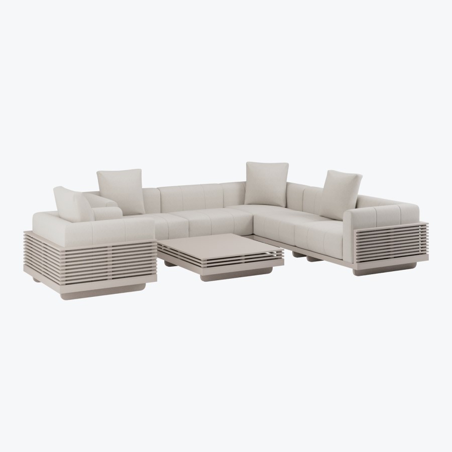 6 Seater Beige Fluted Garden Sofa Set with Coffee Table