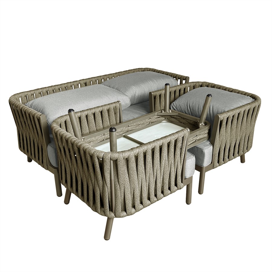 4 Seater Beige Rope Detail Sofa and Armchair Set with Coffee Table