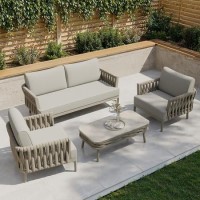 4 Seater Taupe Rope Sofa and Armchair Set with Coffee Table