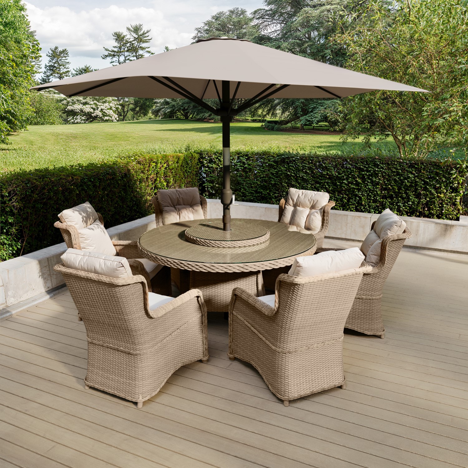 Como Beige 6 Seater Rattan Round Garden Dining Set With Lazy Susan Built-In Ice Bucket And Matching Parasol