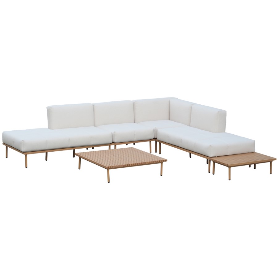 6 Seater Beige Modular Garden Corner Sofa Set in Wood Effect with Square Coffee Table