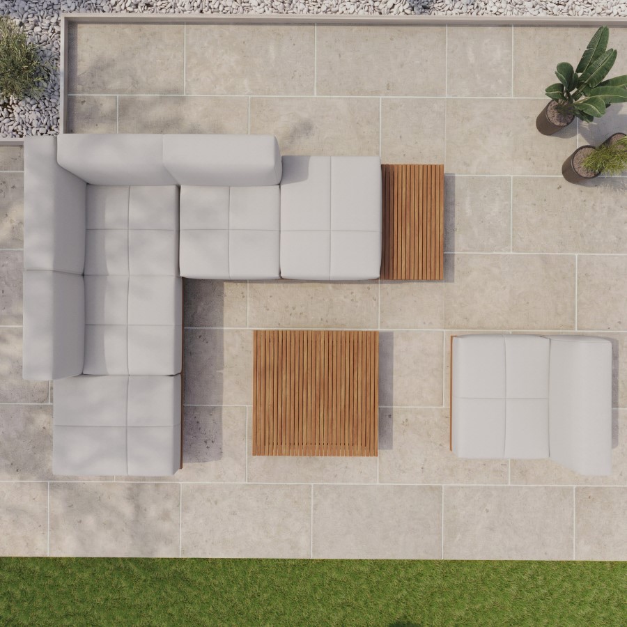 6 Seater Beige Modular Garden Corner Sofa Set in Wood Effect with Square Coffee Table