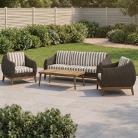 Outdoor Sofa Set in Dark Rattan with Striped Cushion