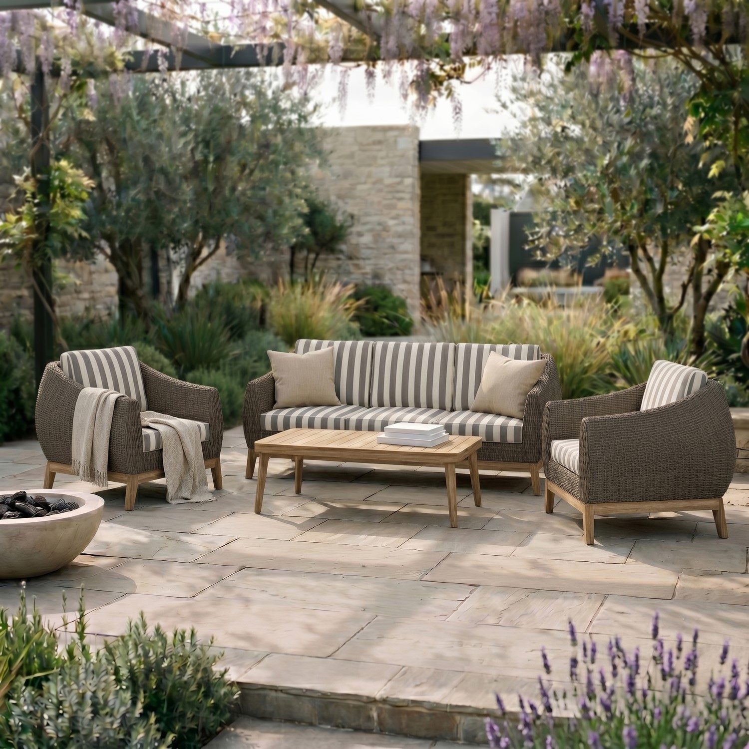 5 Seater Rattan Garden Sofa Set Striped Cushions & Coffee Table