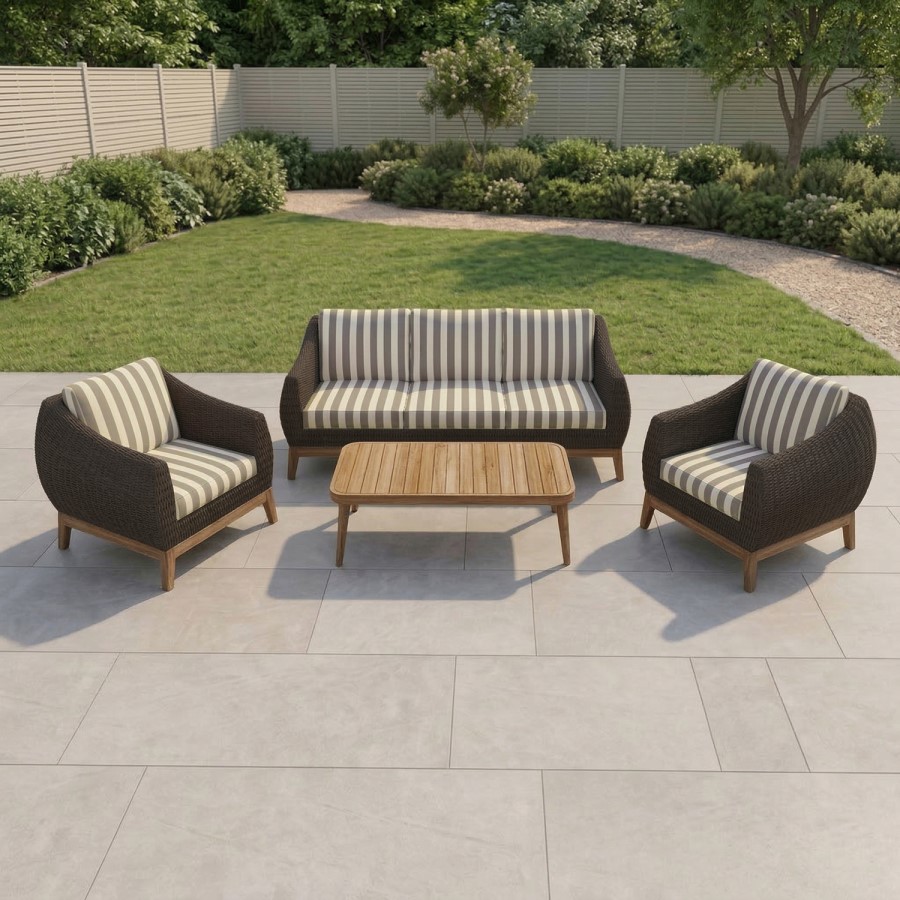 Outdoor Sofa Set in Dark Rattan with Striped Cushion