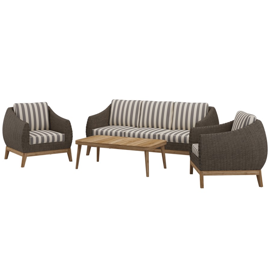 Outdoor Sofa Set in Dark Rattan with Striped Cushion