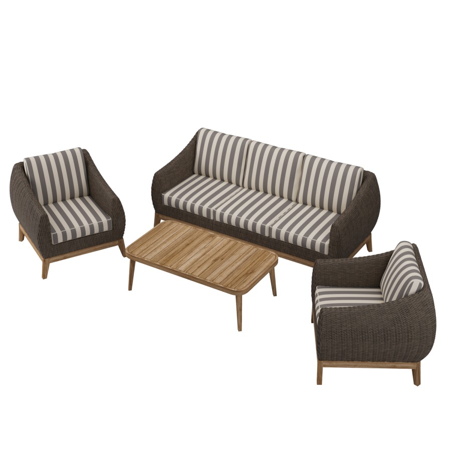 Outdoor Sofa Set in Dark Rattan with Striped Cushion