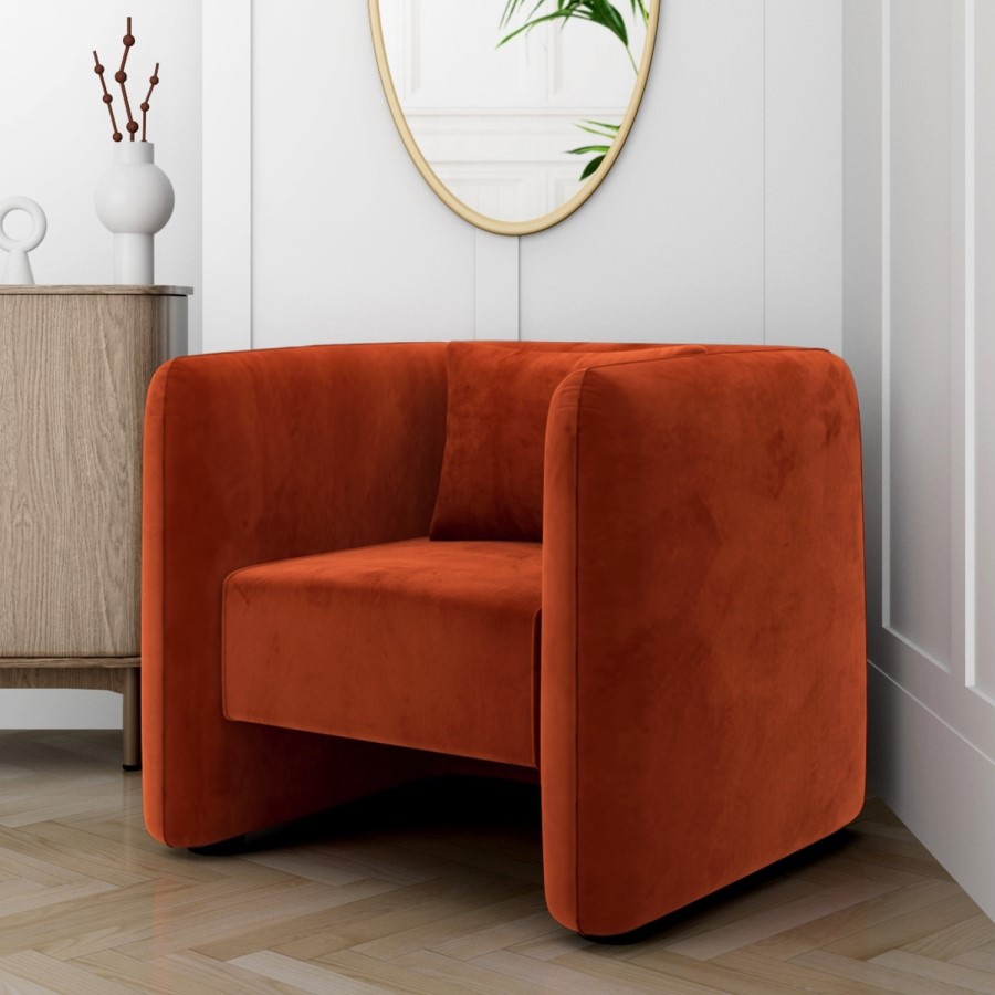 GRADE A1 - Square Burnt Orange Velvet Tub Chair - Fawn