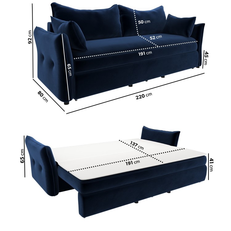 ONLY OPENED - Navy Velvet Futon Sofa Bed - Seats 3 - Gaia