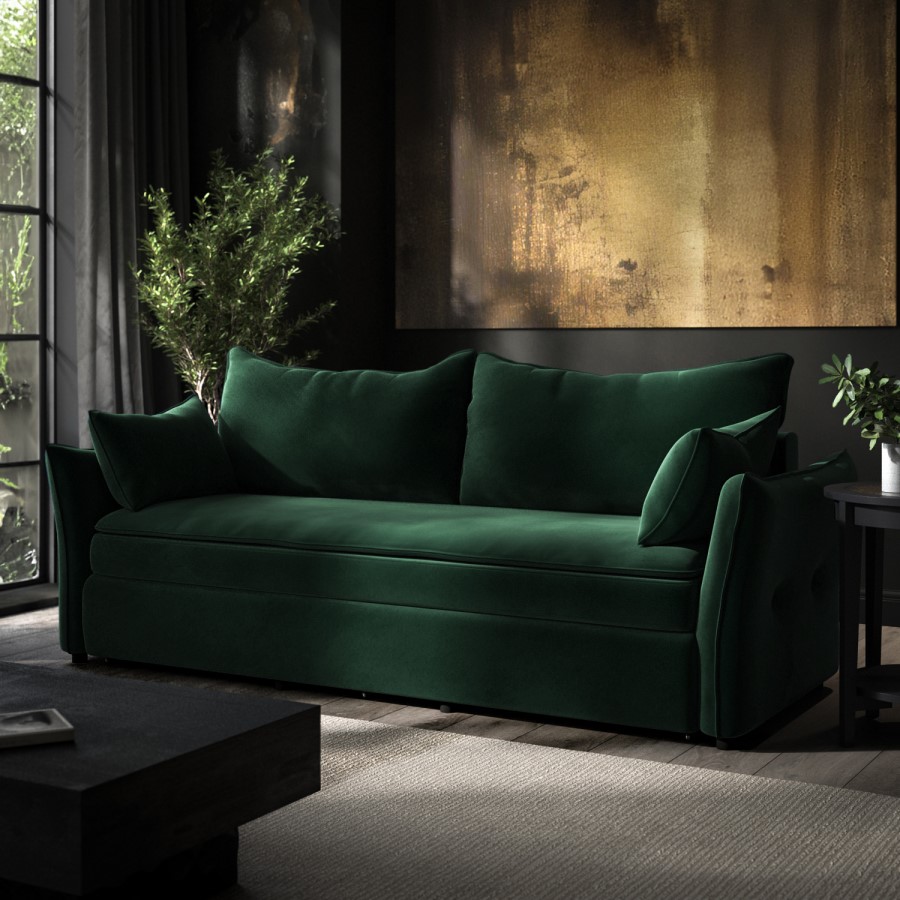 Green Velvet Futon Sofa Bed with Storage - Seats 3 - Gaia