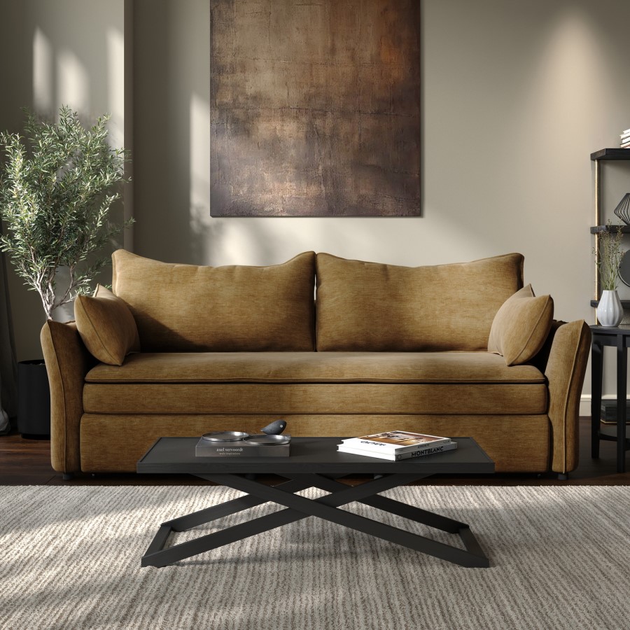 Caramel Brown Chenille Futon Sofa Bed with Storage - Seats 3 - Gaia