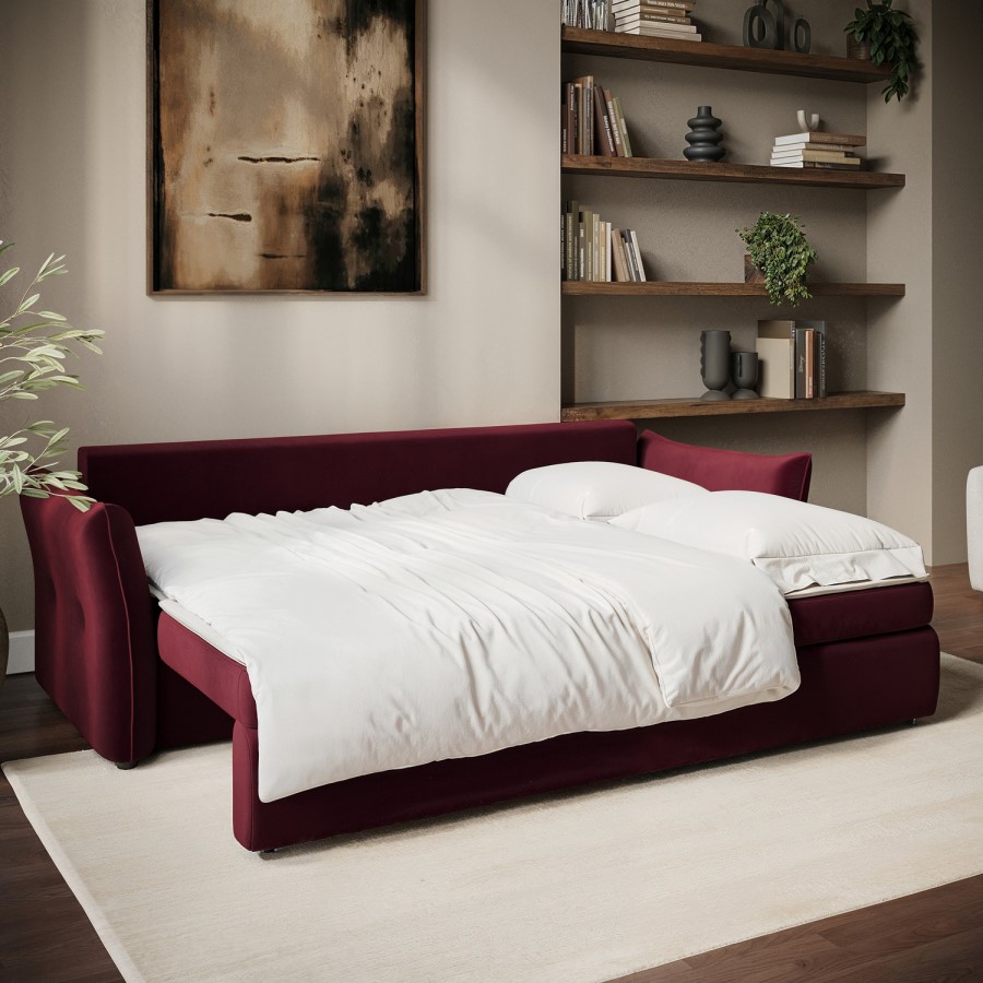 GRADE A1 - Burgundy Velvet 3 Seater Futon Sofa Bed with Storage - Gaia