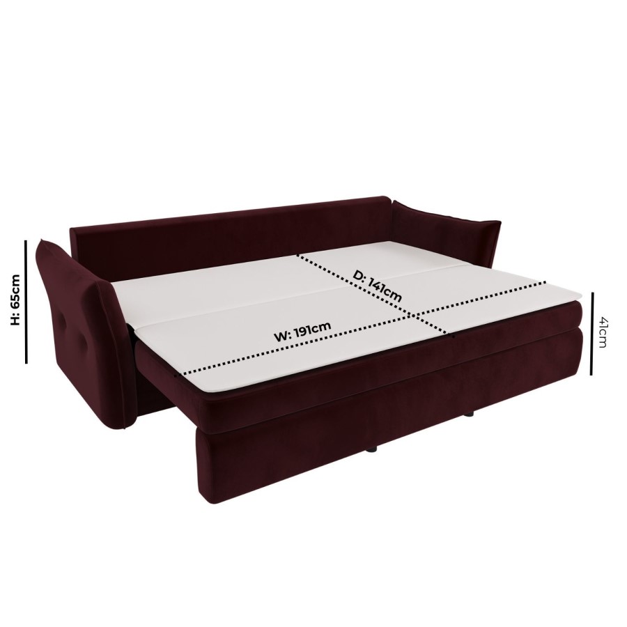 GRADE A1 - Burgundy Velvet 3 Seater Futon Sofa Bed with Storage - Gaia