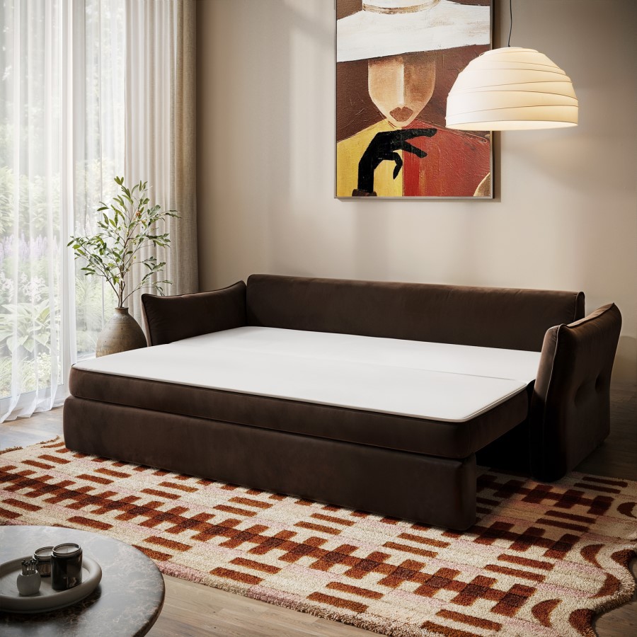 Brown Velvet 3 Seater Futon Sofa Bed with Storage - Gaia 