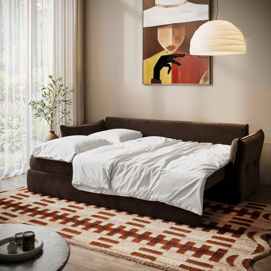 Brown Velvet 3 Seater Futon Sofa Bed with Storage - Gaia 