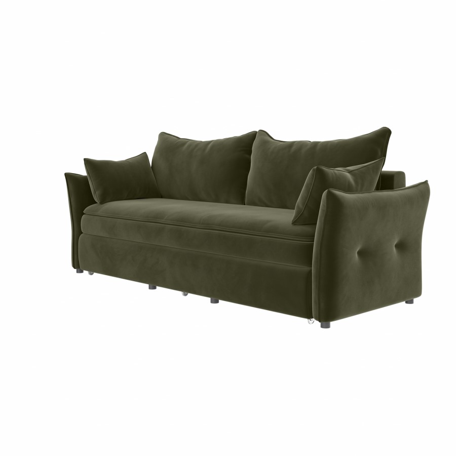 Khaki Green Velvet 3 Seater Futon Sofa Bed with Storage - Gaia 