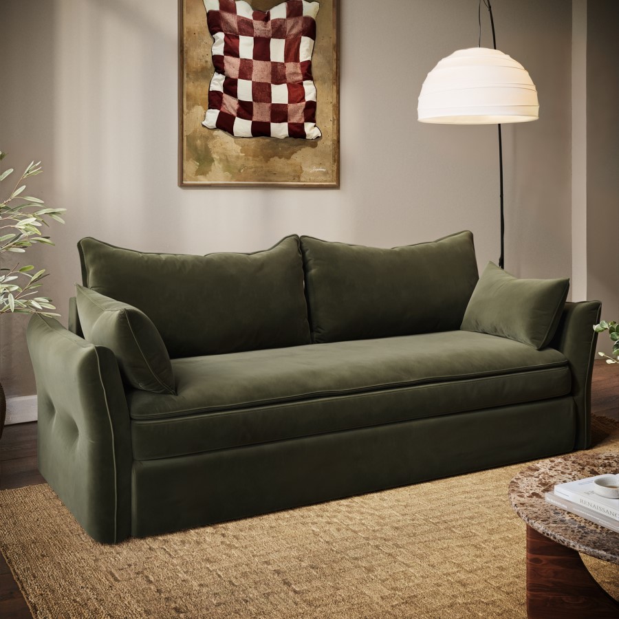 Khaki Green Velvet 3 Seater Futon Sofa Bed with Storage - Gaia 