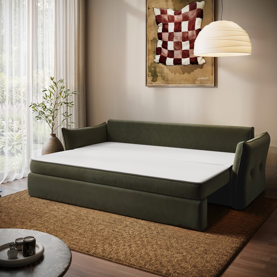 Khaki Green Velvet 3 Seater Futon Sofa Bed with Storage - Gaia 