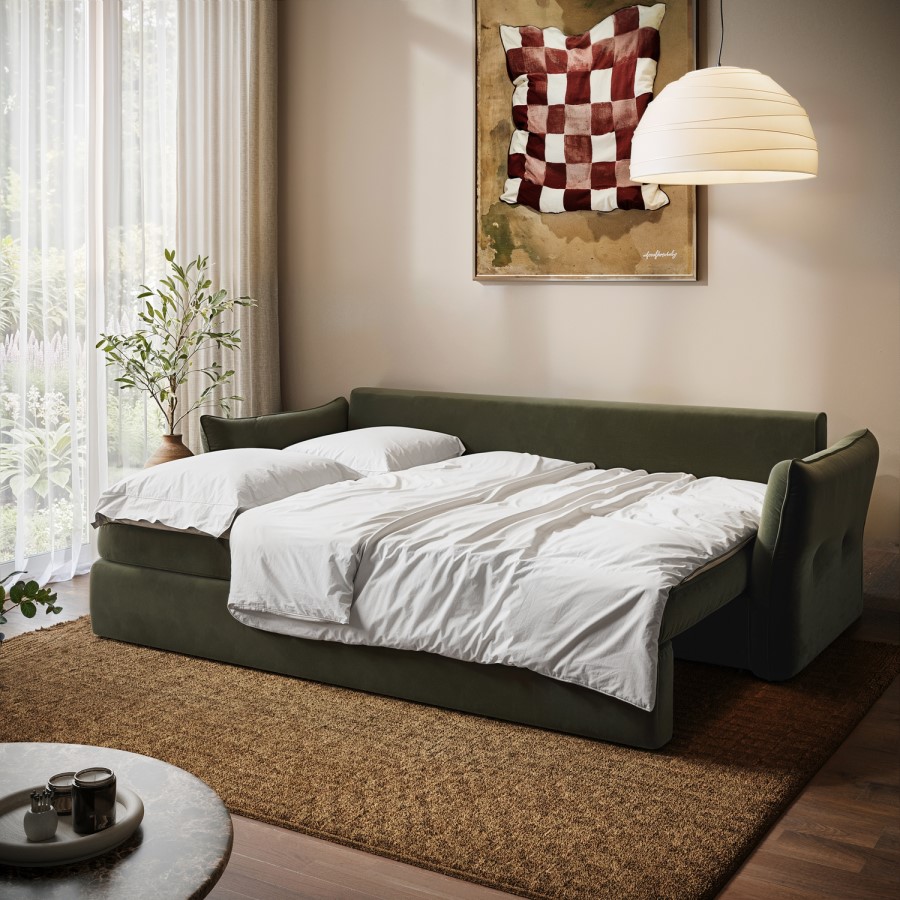 Khaki Green Velvet 3 Seater Futon Sofa Bed with Storage - Gaia 