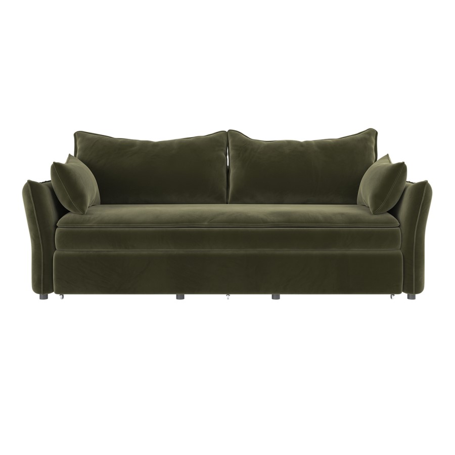 Khaki Green Velvet 3 Seater Futon Sofa Bed with Storage - Gaia 