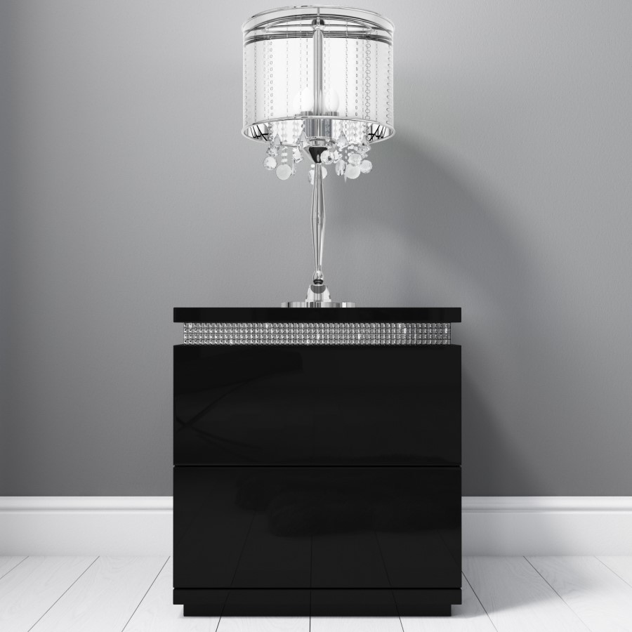 Gabriella Black High Gloss Diamante 2 Drawer Bedside Table 