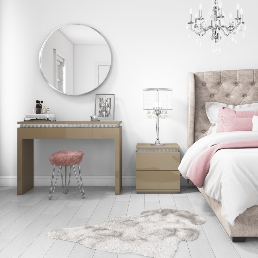 Gabriella Mink High Gloss Diamante 2 Drawer Bedside Table