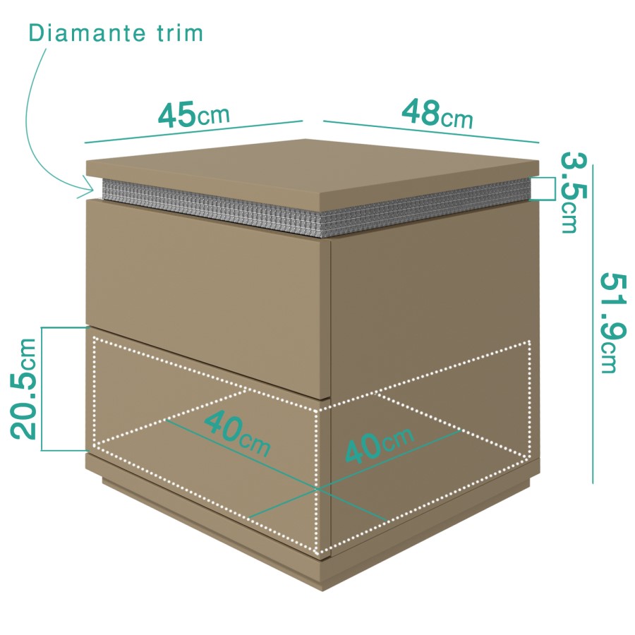 Gabriella Mink High Gloss Diamante 2 Drawer Bedside Table