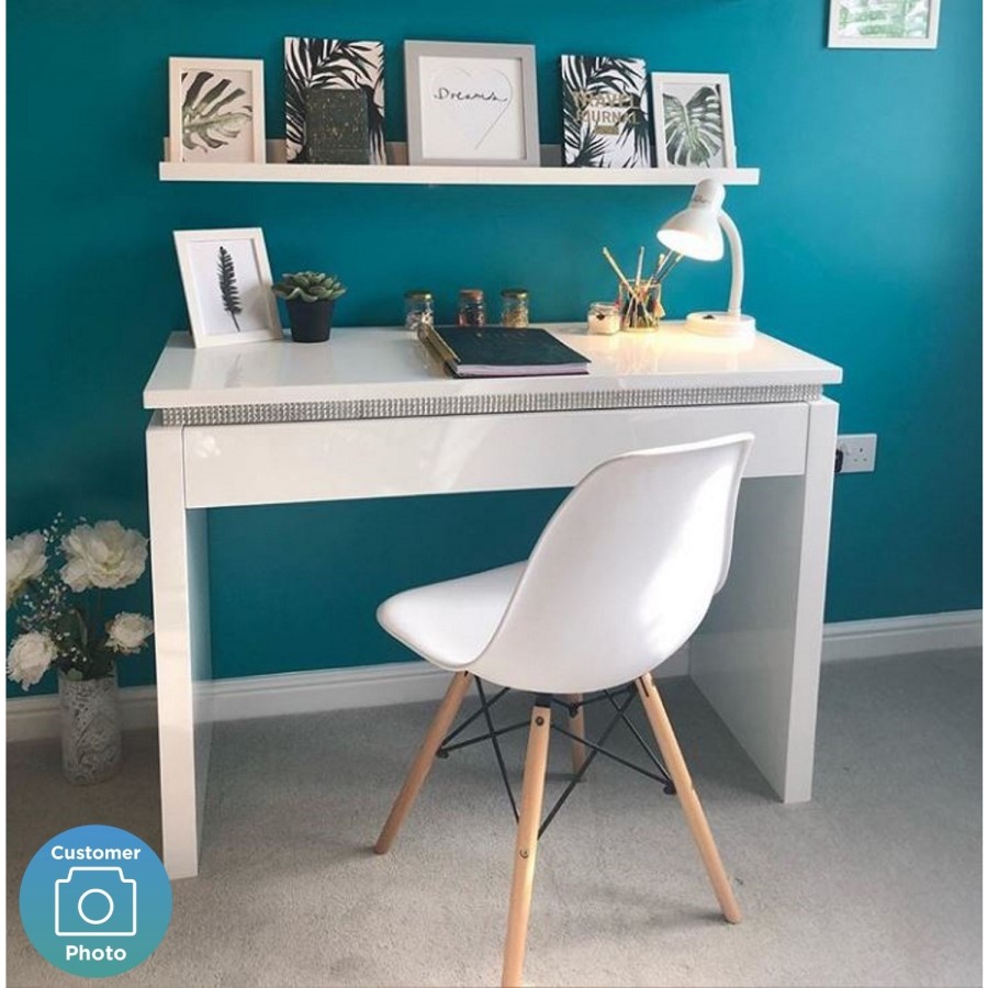 White High Gloss Dressing Table with Drawer and Diamante Trim - Gabriella