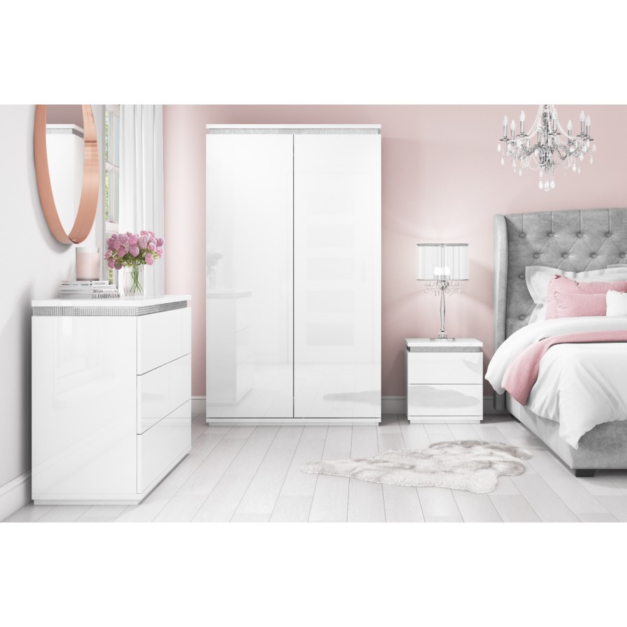 Gabriella White High Gloss Double Wardrobe with Diamante Trim