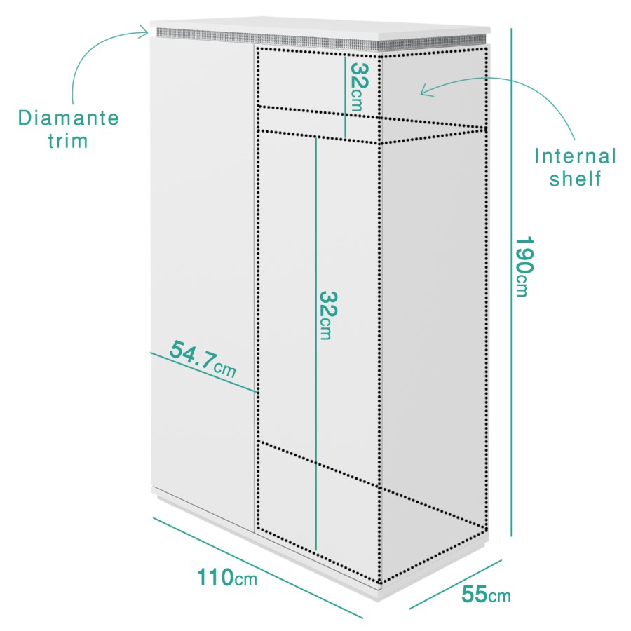 Gabriella White High Gloss Double Wardrobe with Diamante Trim