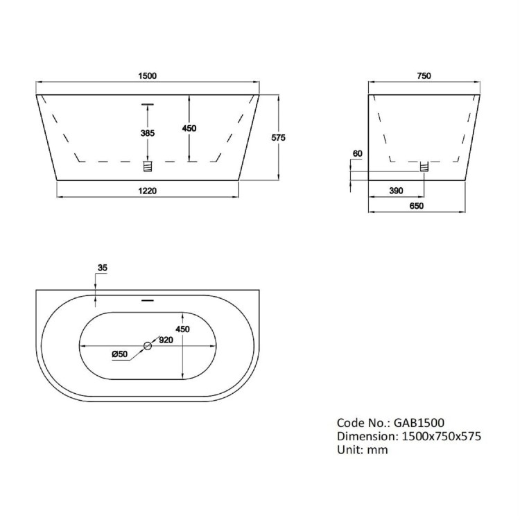 Freestanding Double Ended Back to Wall Bath 1500 x 750mm - Gable